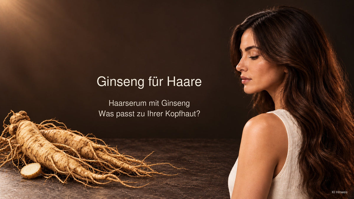 Frau im Seitenprofil mit langem braunem Haar neben Ginsengwurzeln und einer aufgeschnittenen Wurzelscheibe.