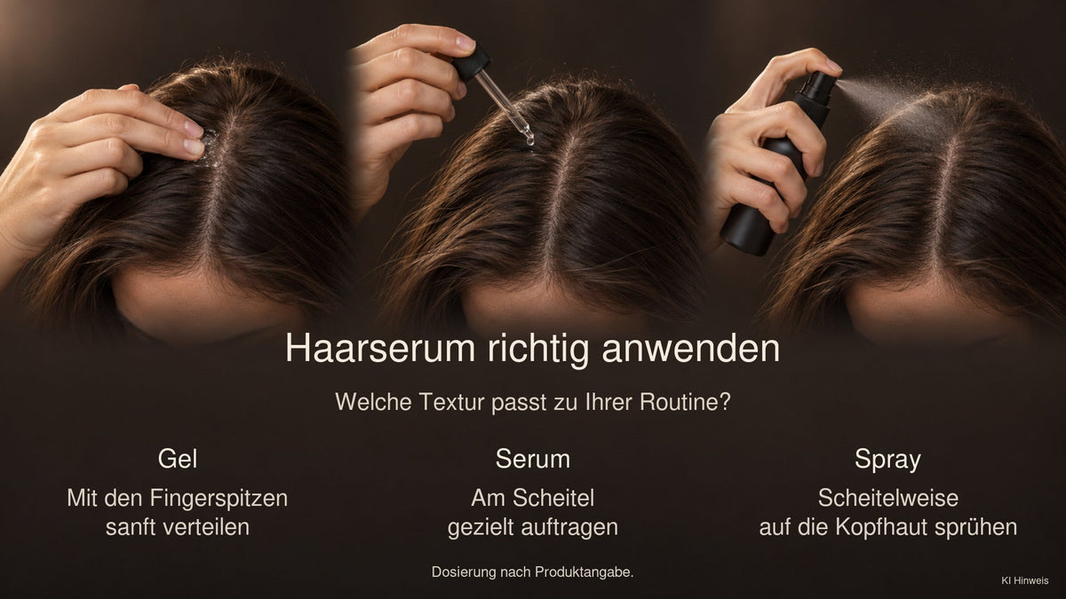 Anwendung von Haarserum als Gel mit den Fingerspitzen, als flüssiges Serum per Pipette und als Spray auf der Kopfhaut.