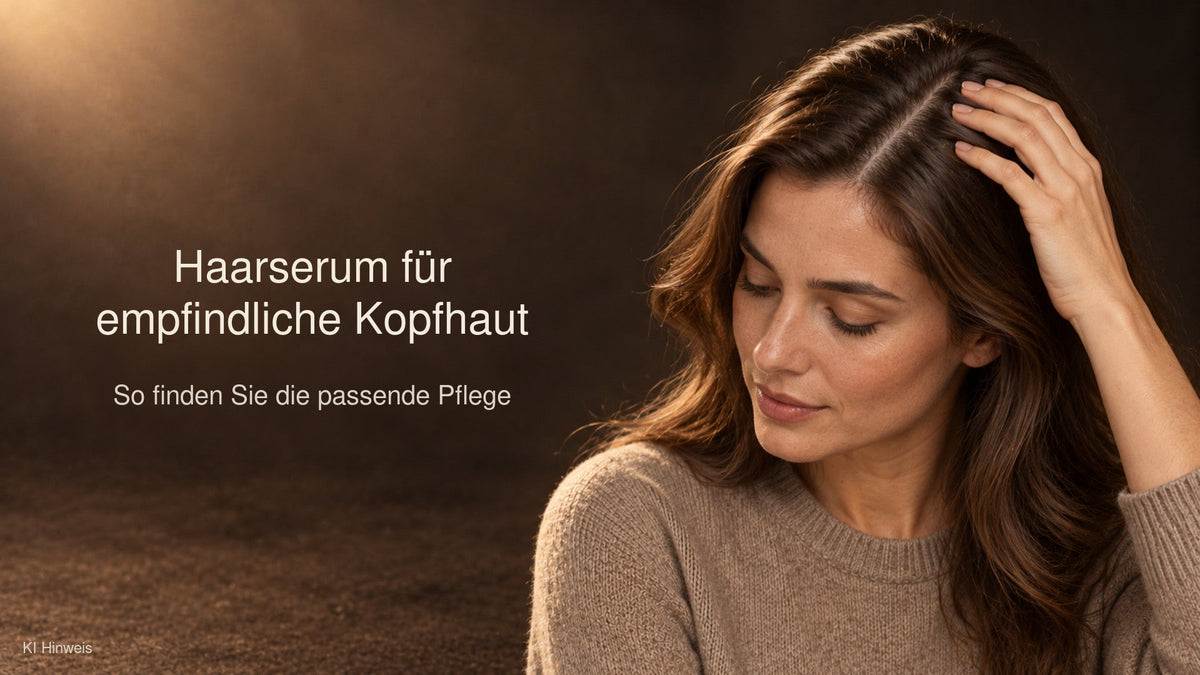 Frau mit dunklem Haar berührt ihre Kopfhaut. Haarserum für empfindliche Kopfhaut.