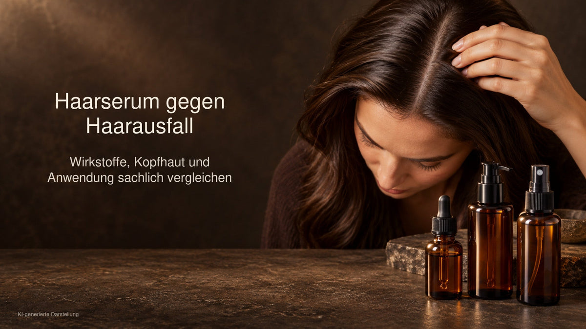 Frau betrachtet ihre Kopfhaut neben drei unterschiedlichen Haarserum-Spendern. Das Hochformat zeigt die Auswahl von Haarserum nach Wirkstoffen, Kopfhaut und Anwendung.
