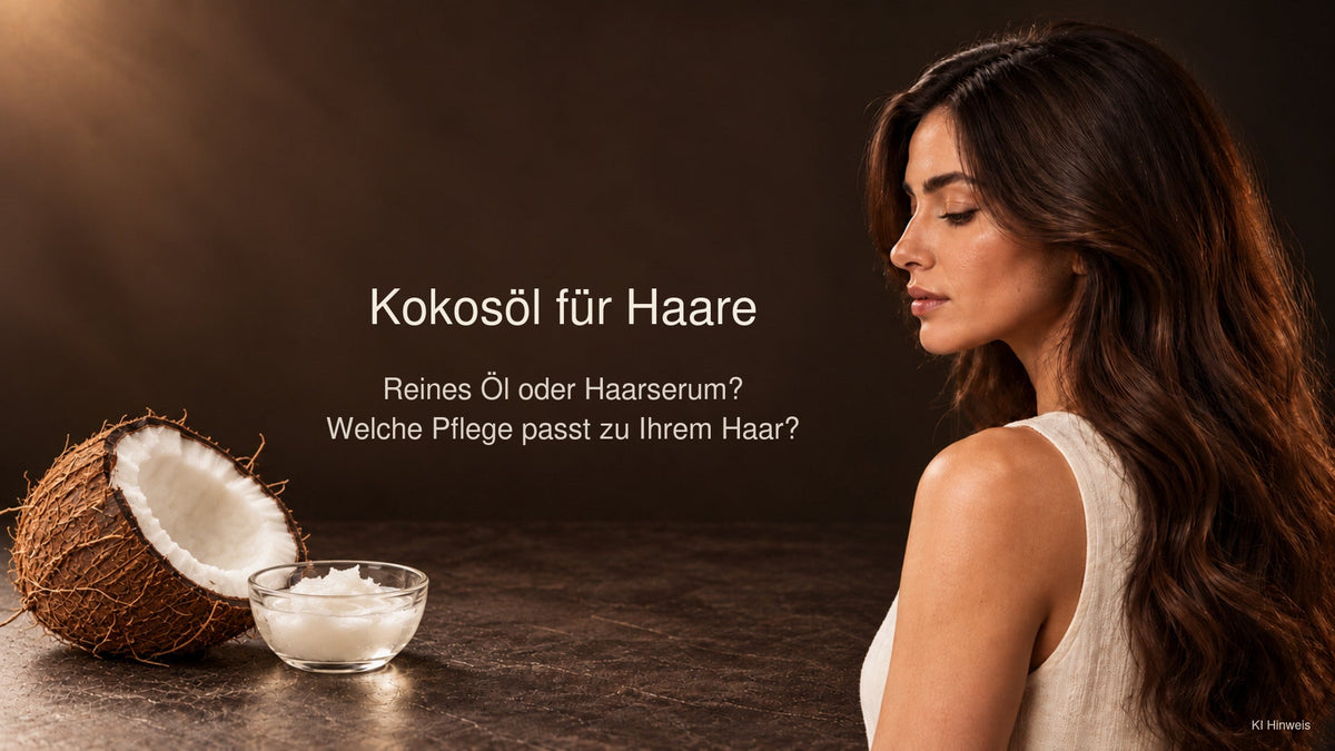 Kokosöl für Haare mit Kokosnuss, Pflanzenöl und Frau mit langem Haar