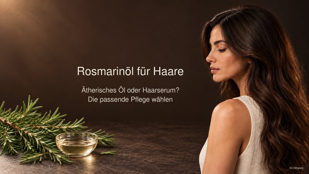 Rosmarinöl für Haare und Kopfhaut mit Rosmarinzweigen und langhaariger Frau