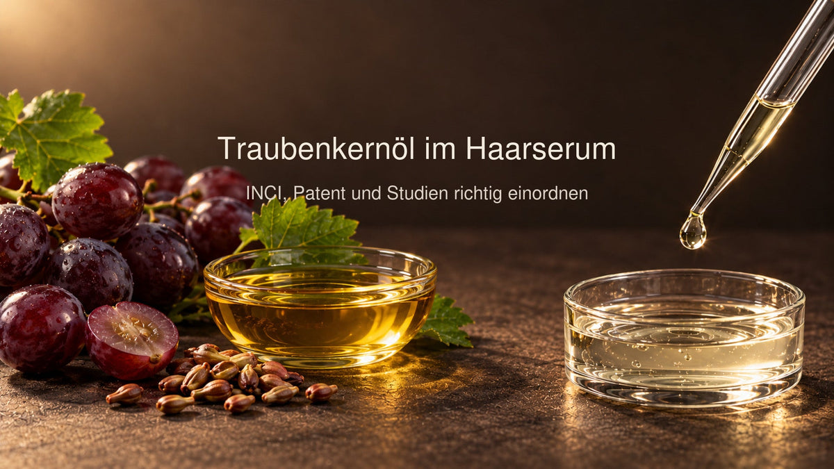 Dunkle Trauben, Traubenkerne sowie getrennte Glasschalen mit goldenem Öl und heller Serumtextur. Die Grafik ordnet Traubenkernöl, INCI, Patent und Studien im Haarserum ein.