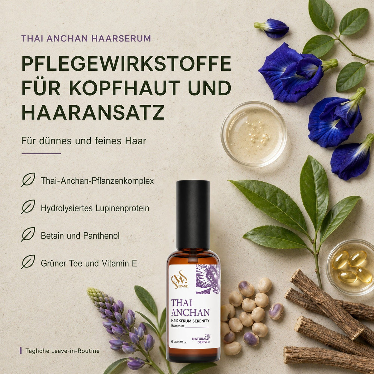 Thai Anchan Haarserum mit blauen Anchan-Blüten und Pflanzenextrakten
