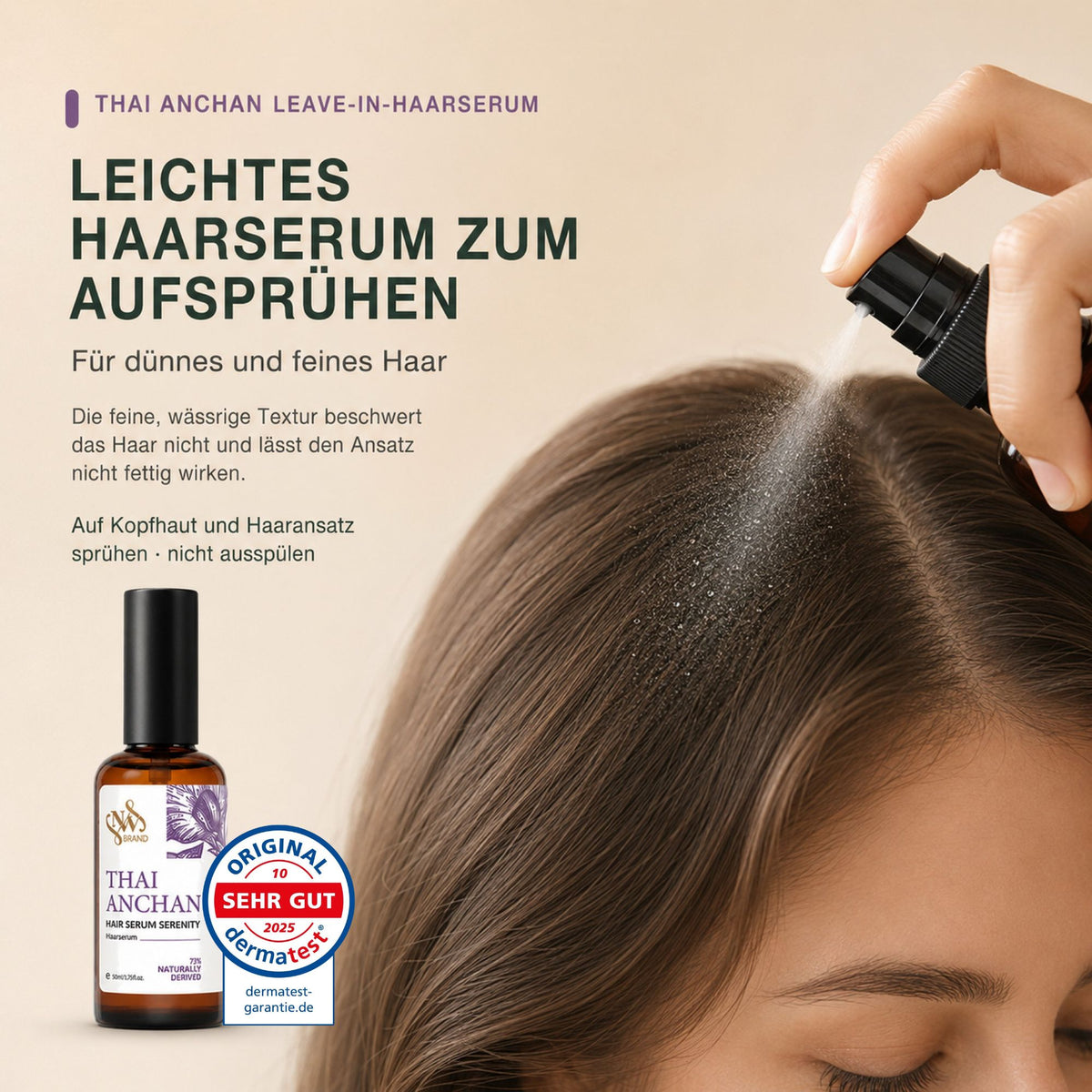 Anwendung des Thai Anchan Haarserum direkt auf der Kopfhaut