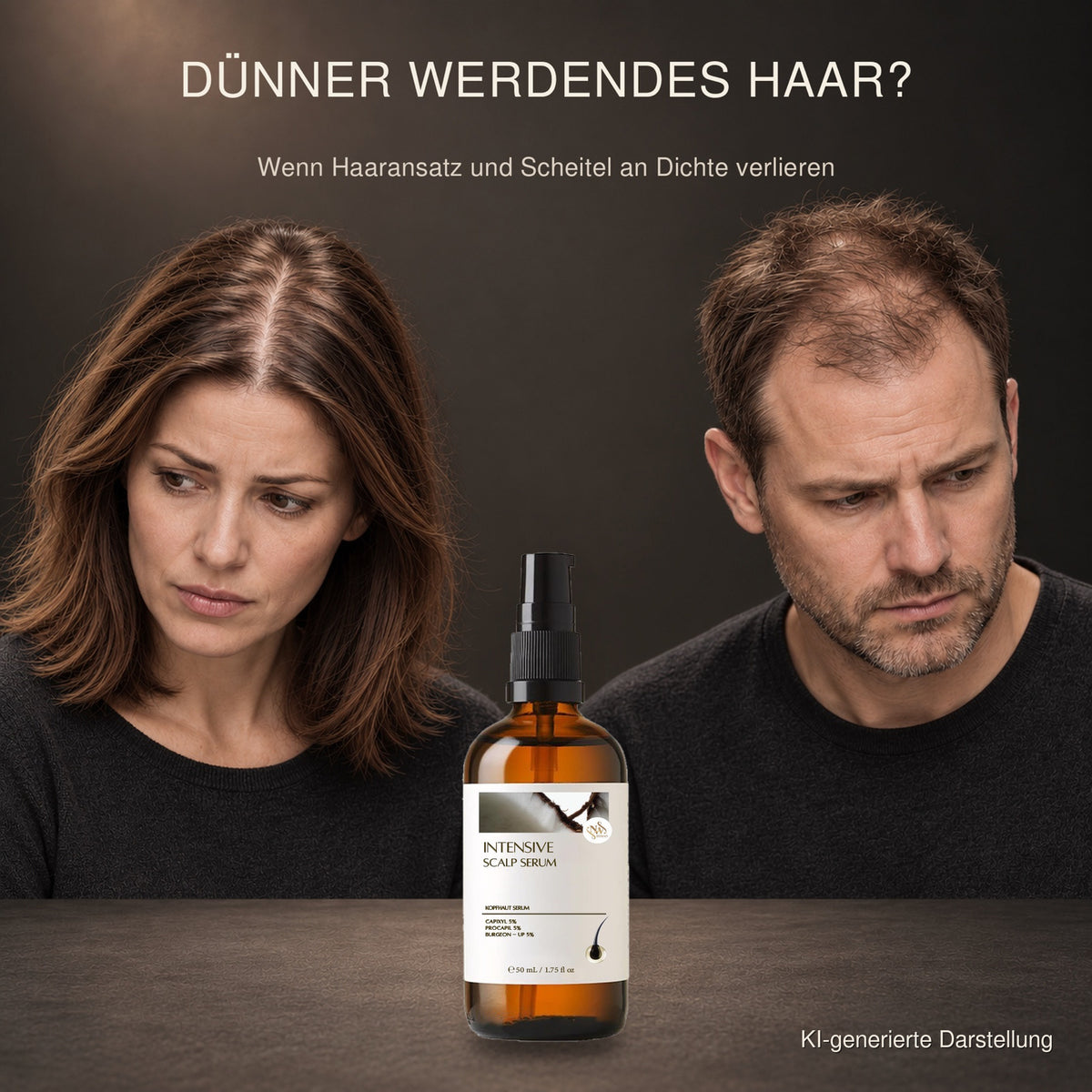 Frau und Mann mit dünner werdendem Haar am Scheitel und Haaransatz neben dem NW BRAND Intensive Scalp Serum