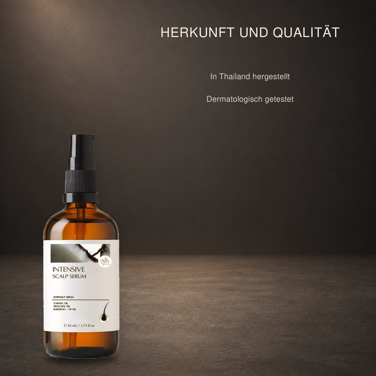 NW BRAND Intensive Scalp Serum mit Hinweis auf Herstellung in Thailand und dermatologische Testung
