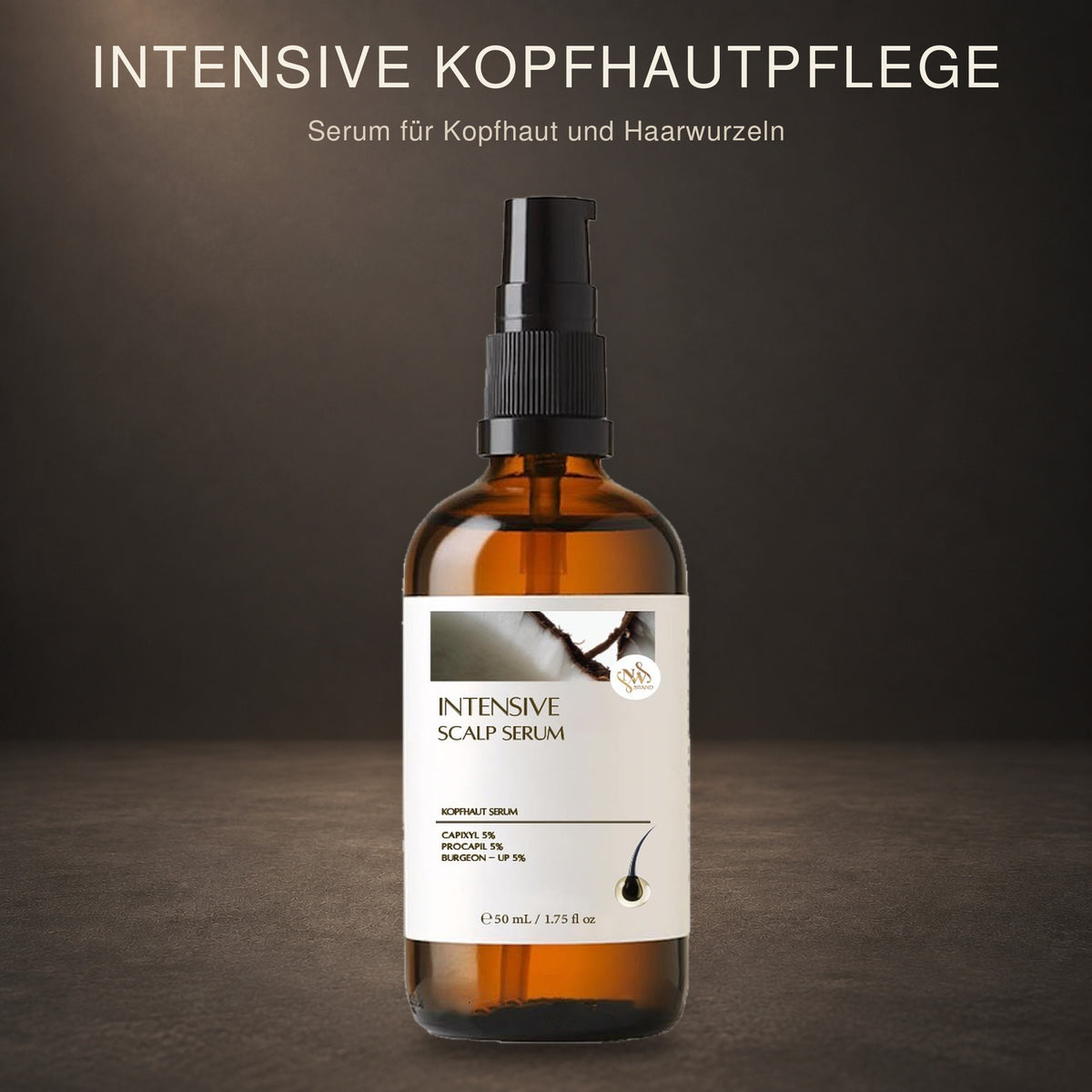 NW BRAND Intensive Scalp Serum in einer braunen 50-ml-Pumpflasche für Kopfhaut und Haarwurzeln
