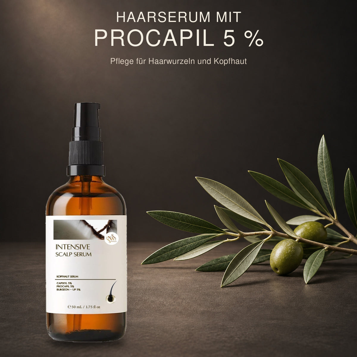 NW BRAND Intensive Scalp Serum, Haarserum mit 5 % PROCAPIL neben einem Olivenzweig