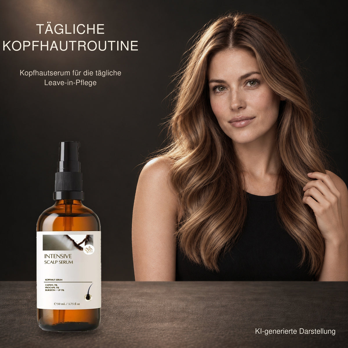 Frau mit langem Haar neben dem NW BRAND Intensive Scalp Serum für die tägliche Leave-in-Kopfhautpflege