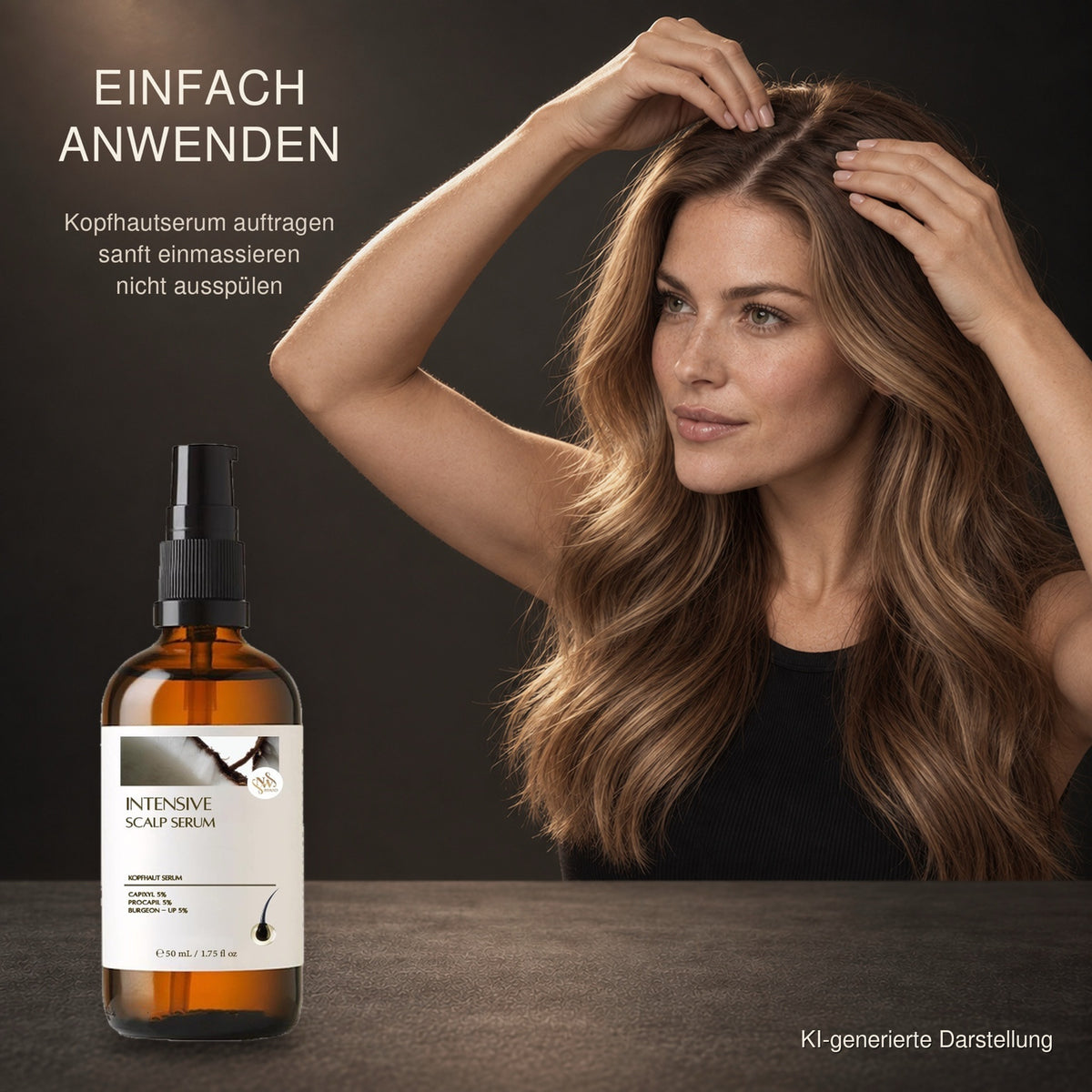 Frau massiert das NW BRAND Intensive Scalp Serum sanft in die Kopfhaut ein